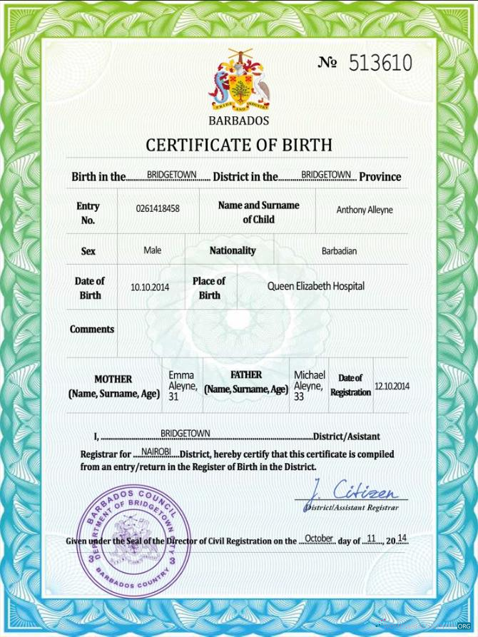 Download Barbados vital record birth certificate PSD template Photoshop template
